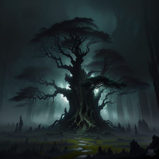 Ancient Tree in Ruins Beneath Nebulae Sky, Dark Fantasy Art