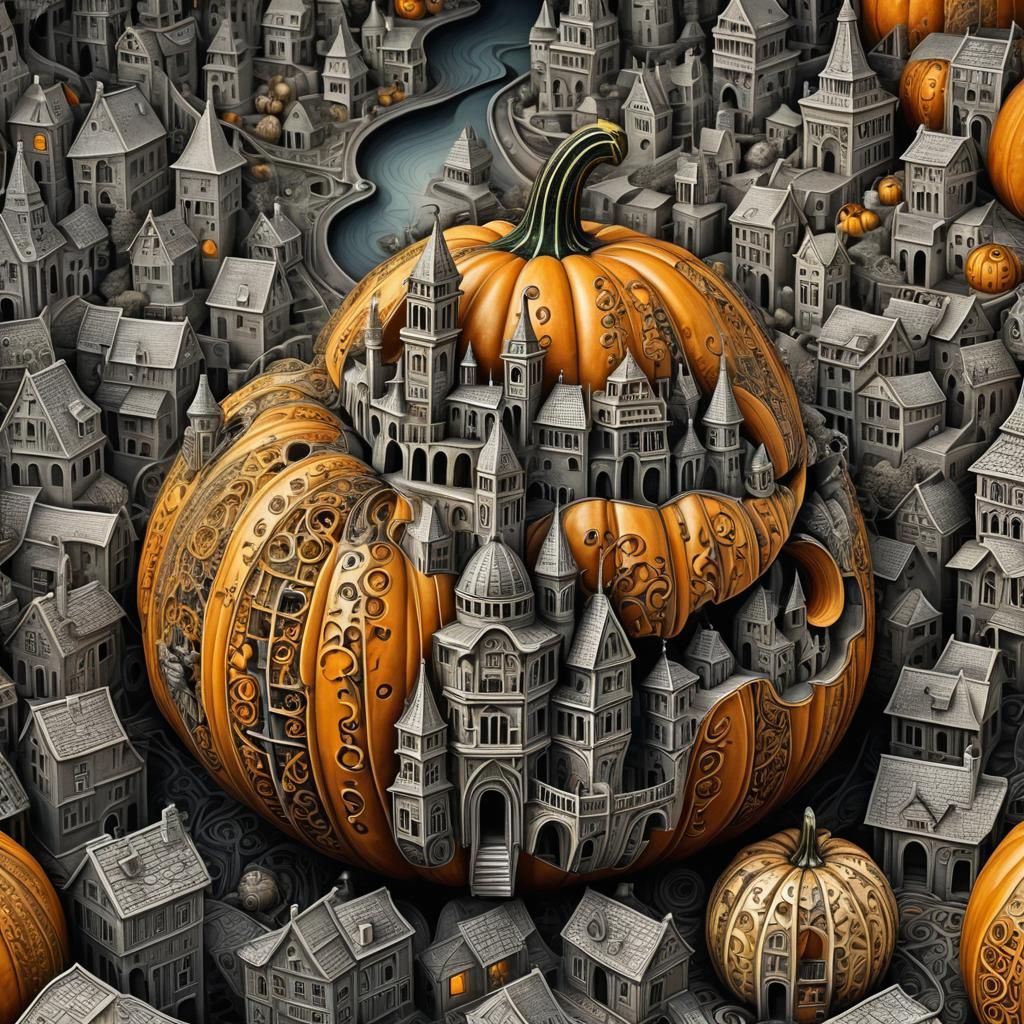 Pumpkin City: Surreal Carving in Escher Style