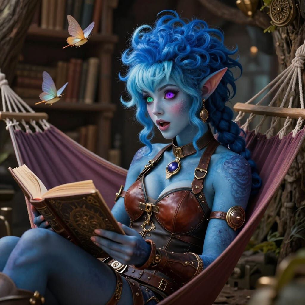 Steampunk Dragonborne Woman in Treehouse Library