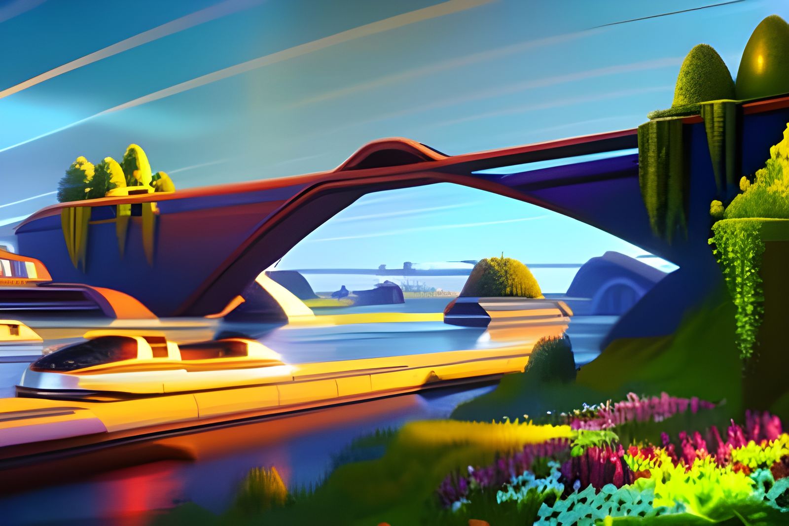 Retrofuturistic Seaport Town at Colorful Sunrise