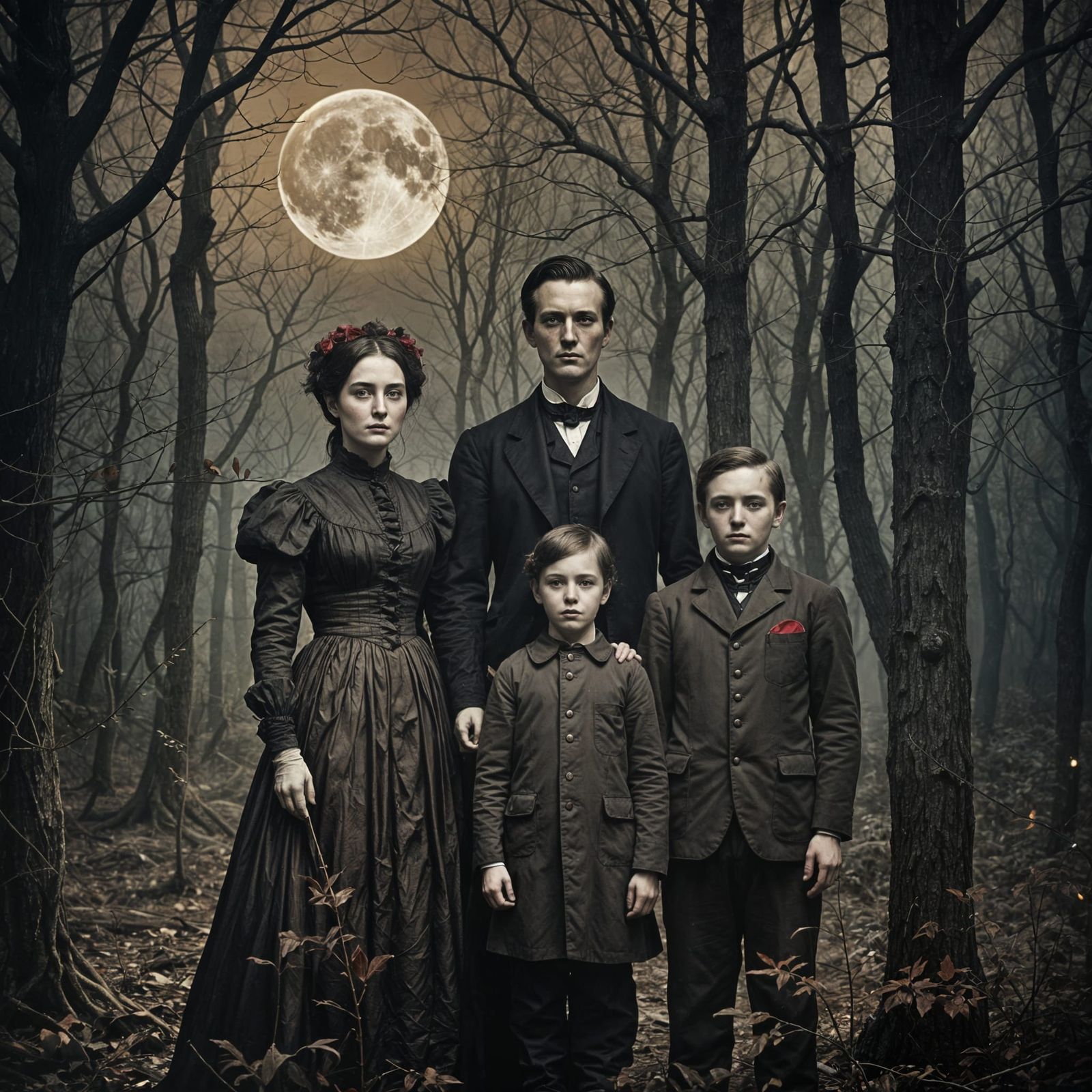 Eerie 19th Century Family Photo with Moonlit Forest