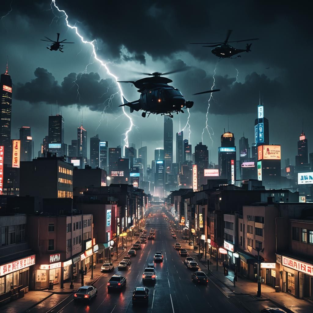 Cyberpunk Cityscape at Night with Robbery in Progress