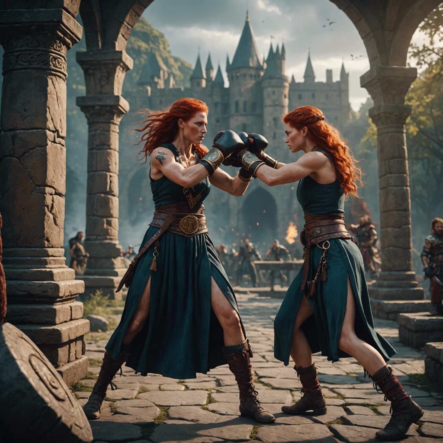 Barbarian Women Boxing Outdoors: Detailed Matte Painting