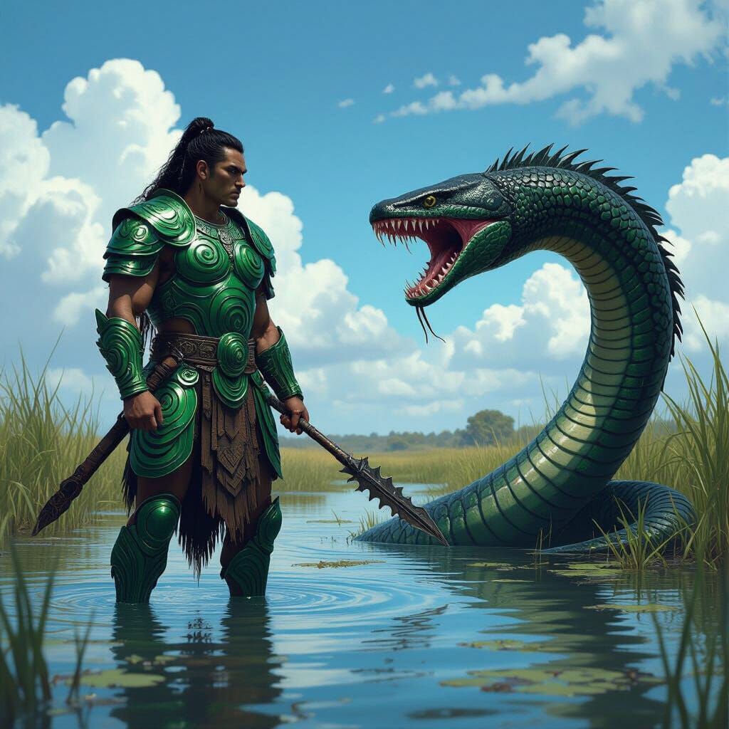 Maori Warrior Confronts Serpent in Dystopian Landscape