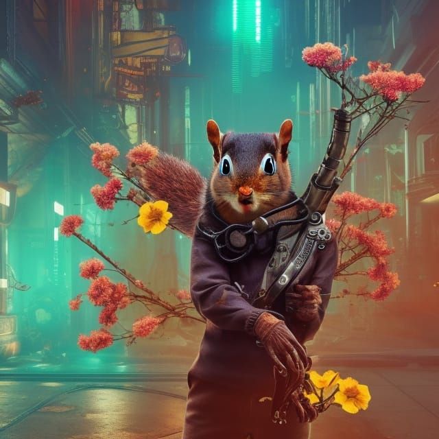 Steampunk Squirrel in Fantasy Forest: Cyberpunk Style