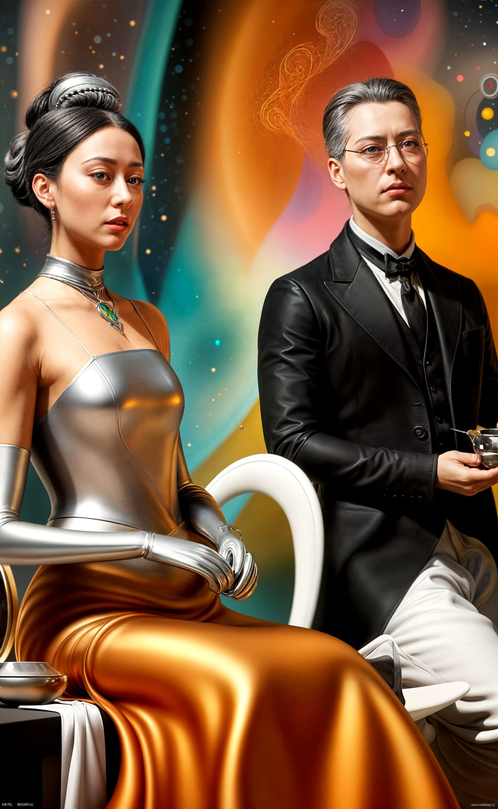 Abstract Painting with Intense Color and Silver Details