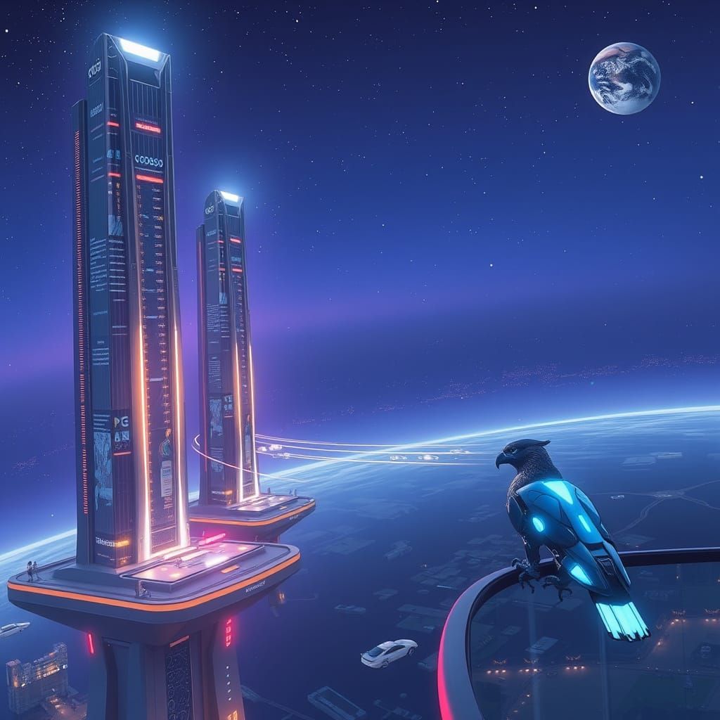 Futuristic City in the Clouds with Neon Accents