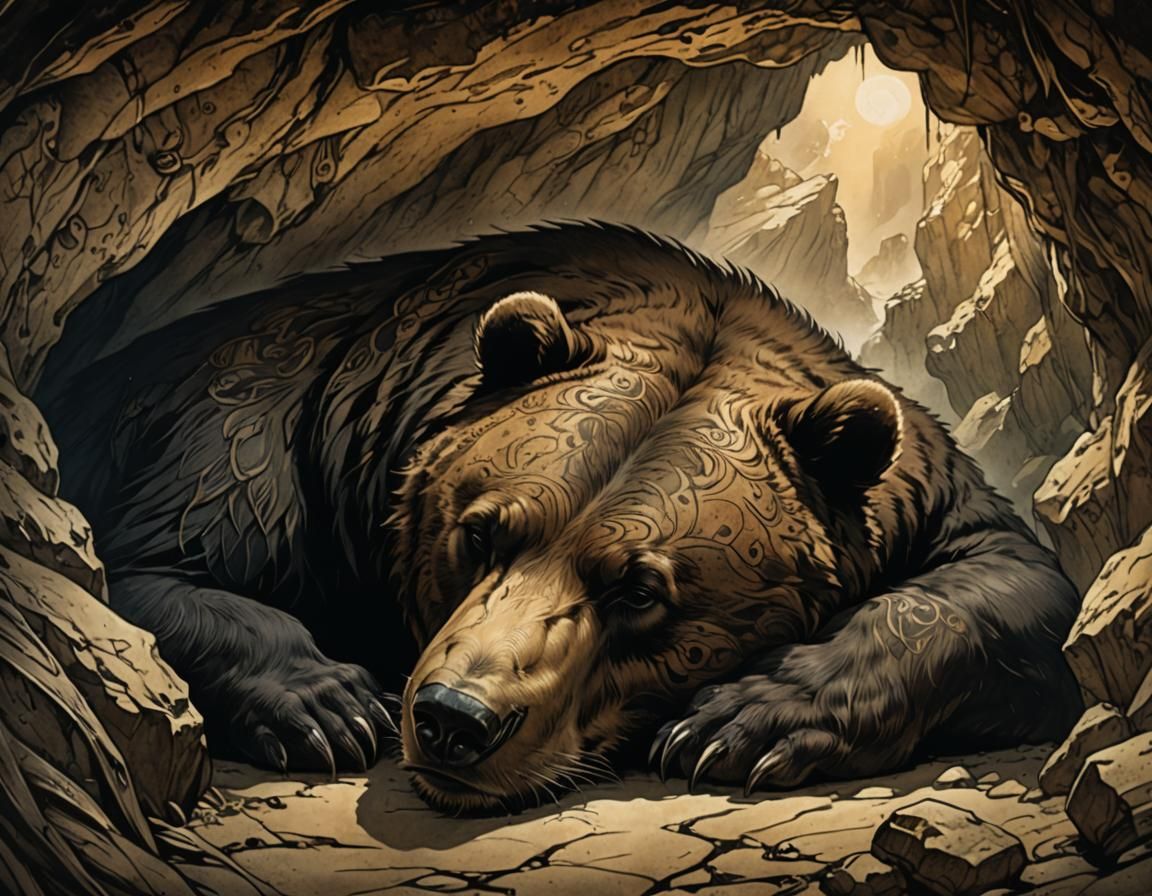 Sleeping Bear with Glowing Tattoos in Cave