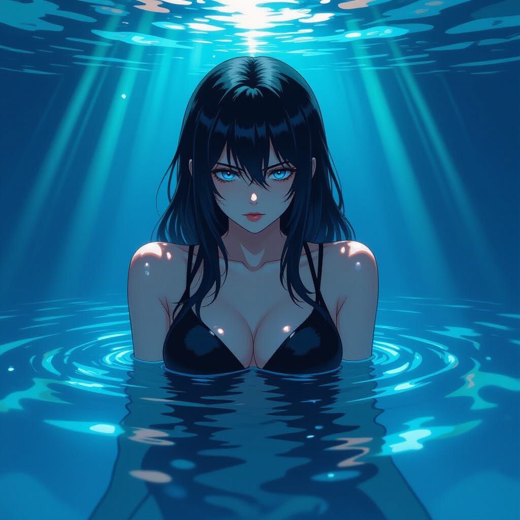 Makima in Dynamic Water Scene, Dark Fantasy Style