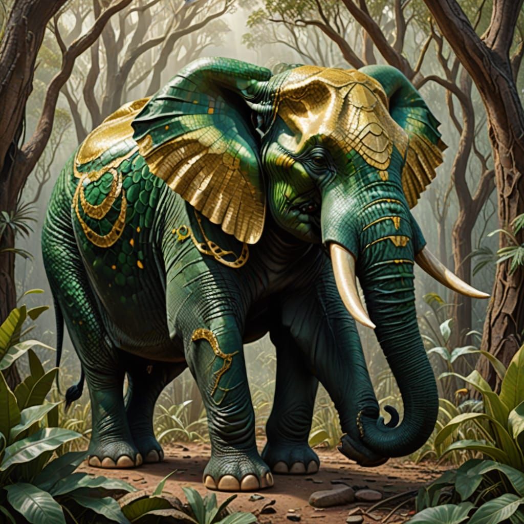 Green and Gold Snake-Elephant Creature in South African Fore...