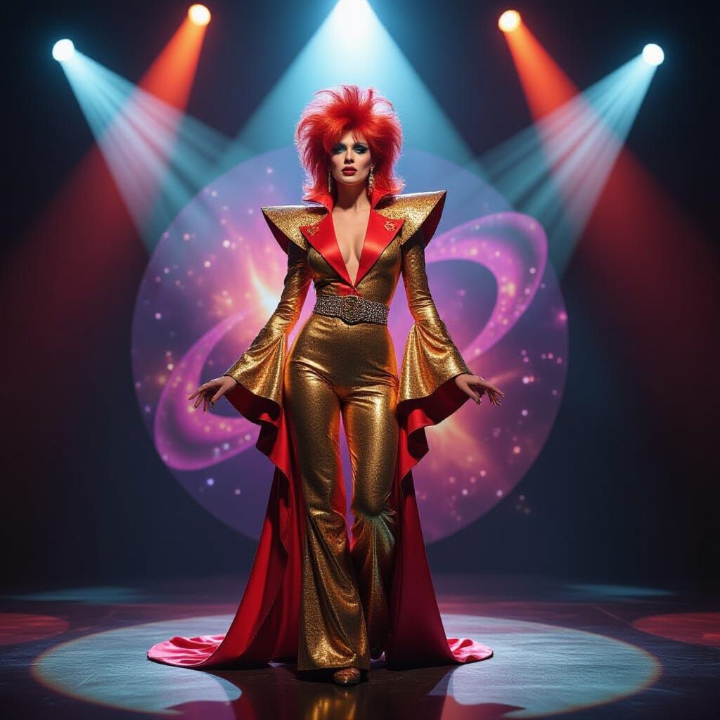 Woman in Ziggy Stardust Costume with Cosmic Background