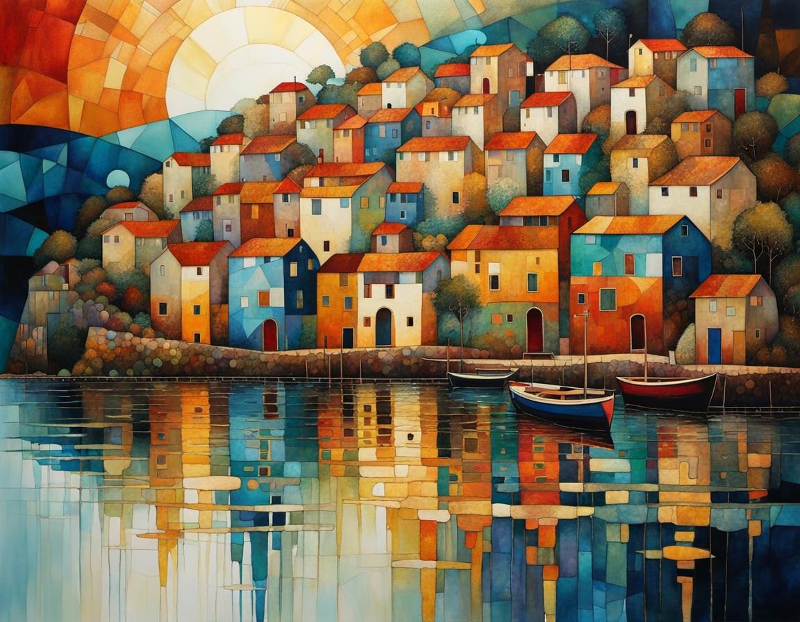 Seaside Village at Sunrise in Klimt Style