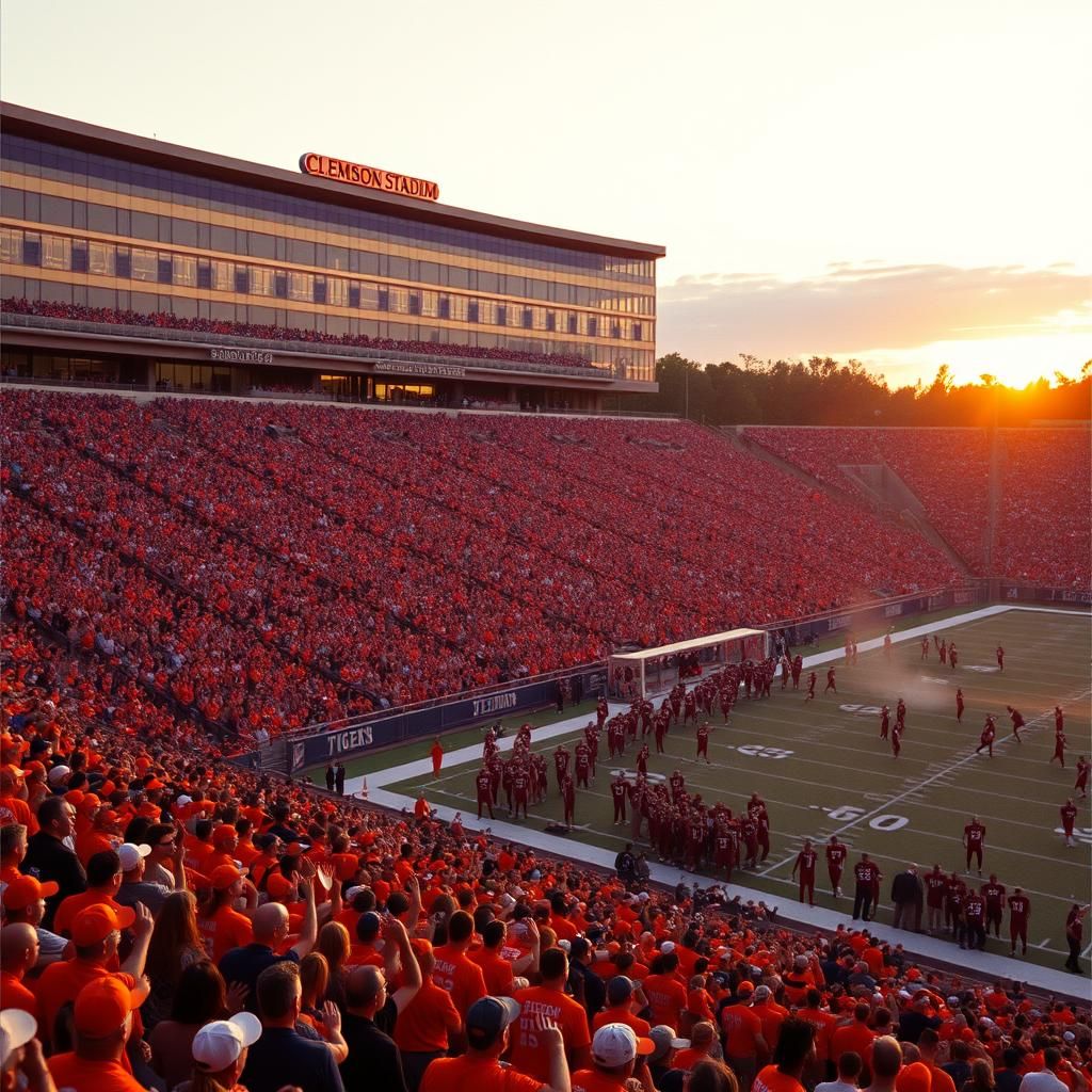 Clemson Memorial Stadium at Sunset in Hyper-Realistic Style