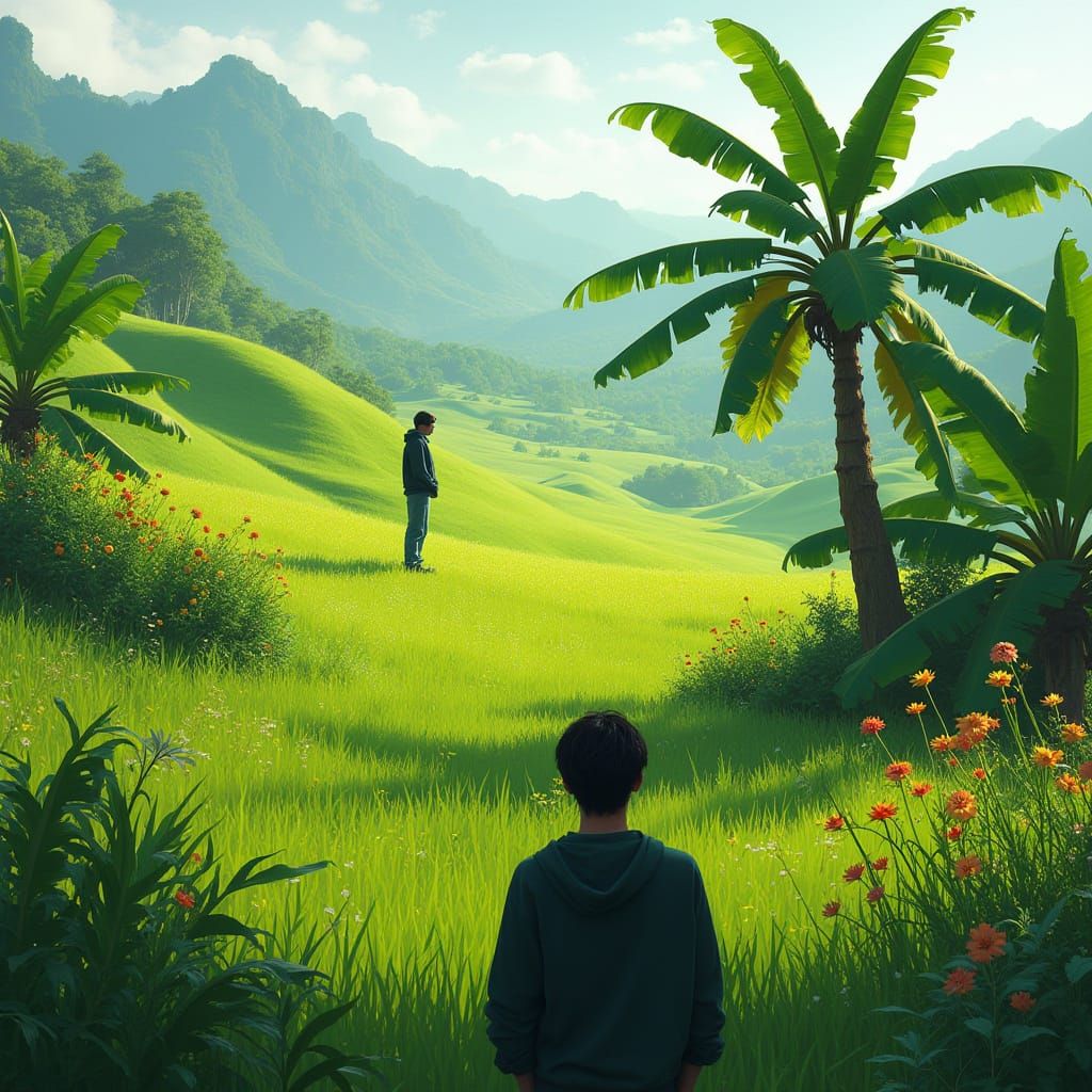 Lush Meadow with Mysterious Figure in Painterly Lighting