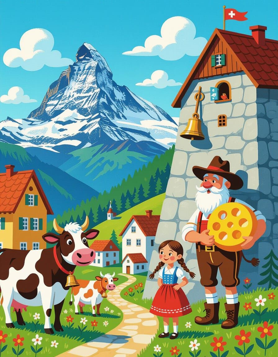 Whimsical Swiss Alpine Village Painting