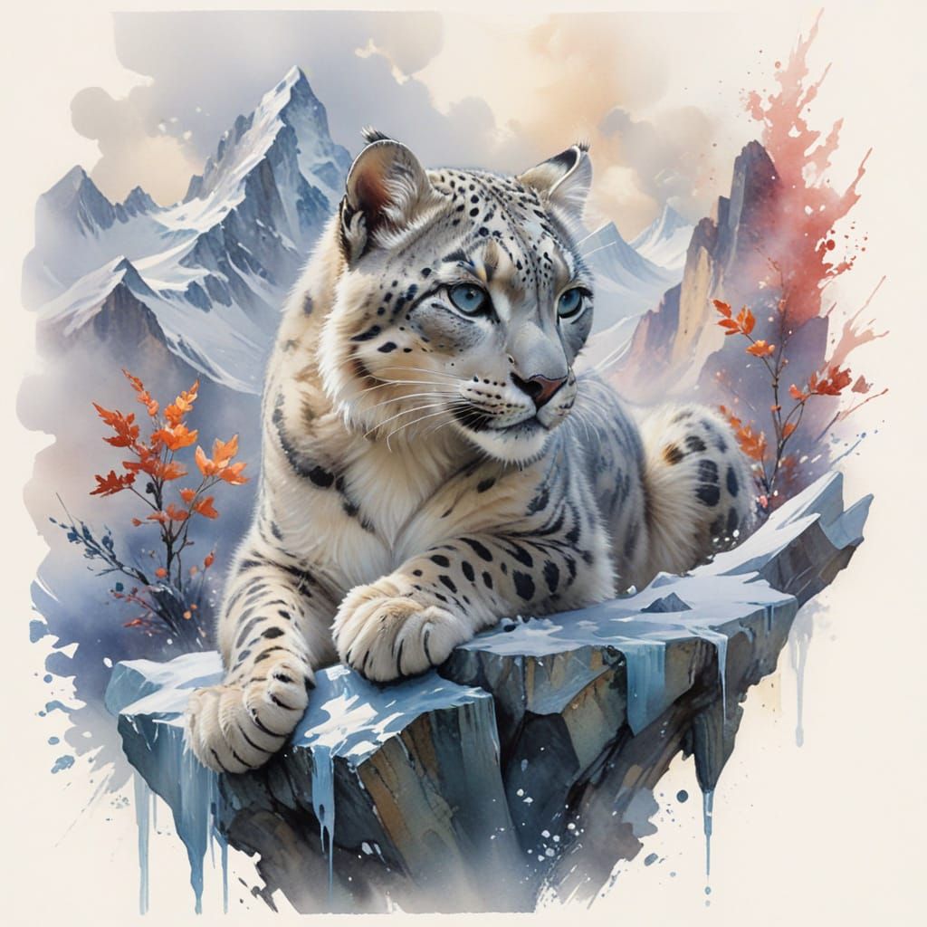 Majestic Snow Leopard Amidst Ethereal Mountain Peaks