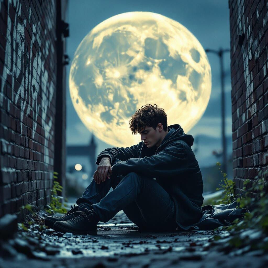 Man Rests in Dark Alley Under Full Moon