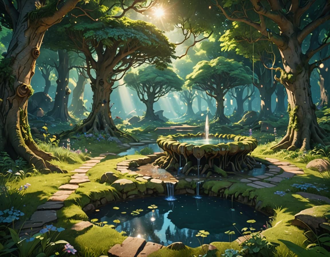 Whimsical Elven Oasis in Vibrant Sunlight
