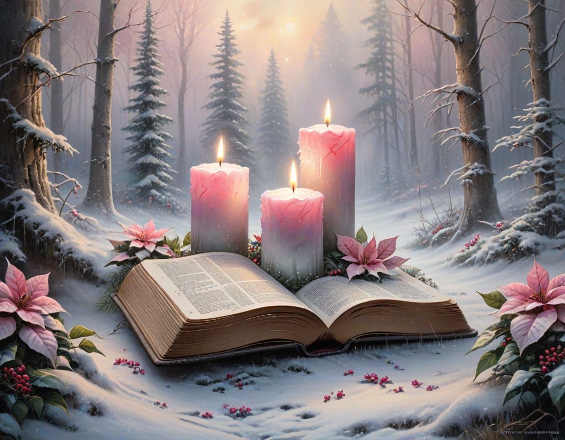 Snowy Forest Clearing with Candles and Bible
