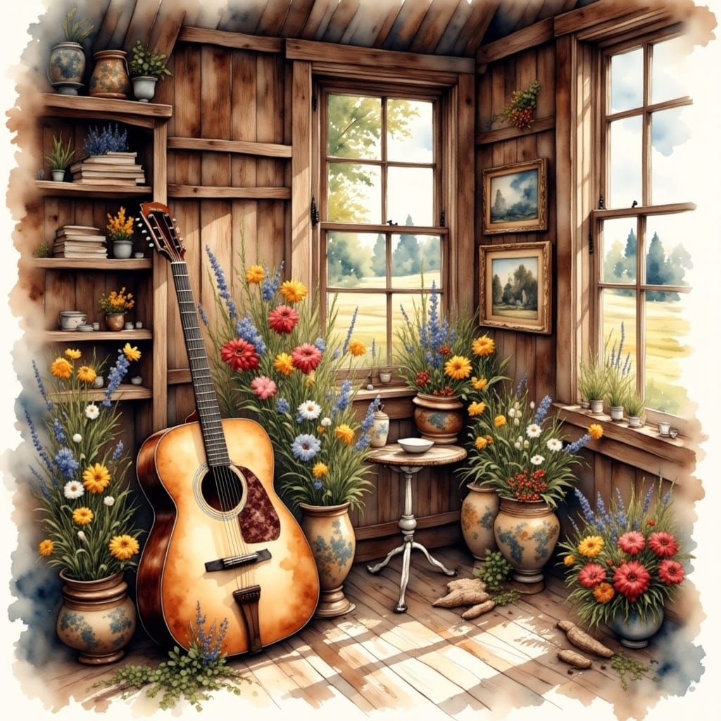 Acoustic Guitar in Barn, Antique Watercolor Style