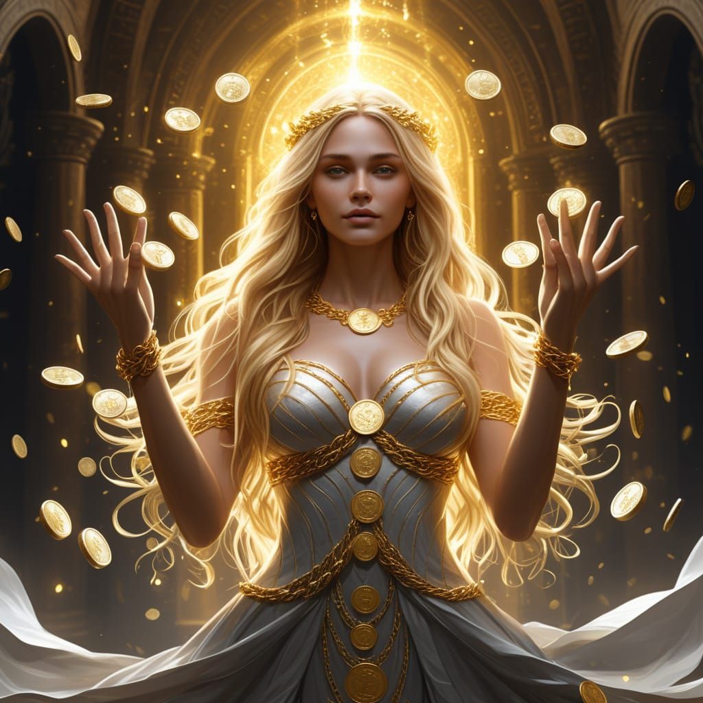 Blonde Goddess in Coin Dress with Golden Magic