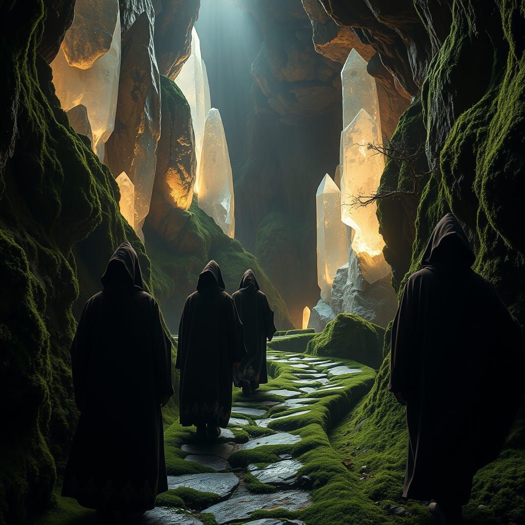 Mystical Monks Amidst Glowing Crystals in Ancient Cave