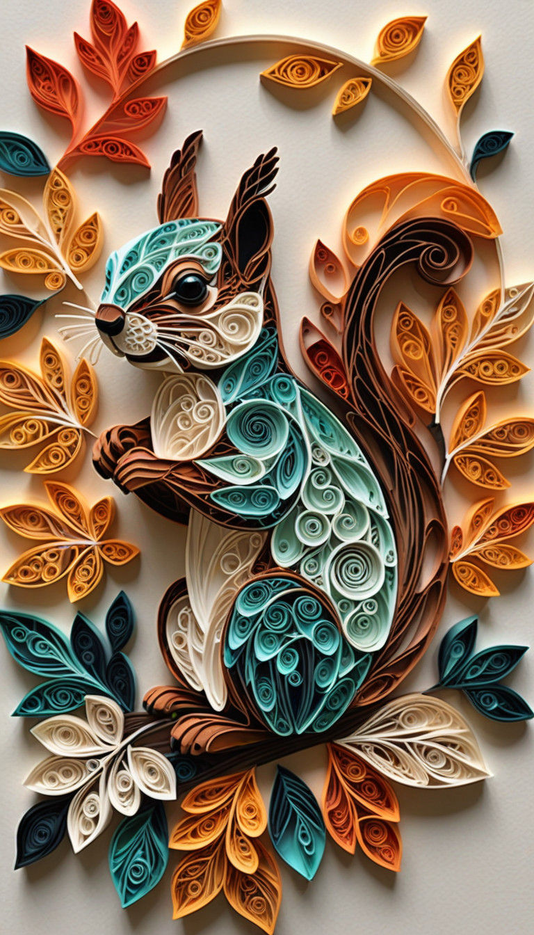 Vibrant Monochromatic Quilling Art of a Squirrel