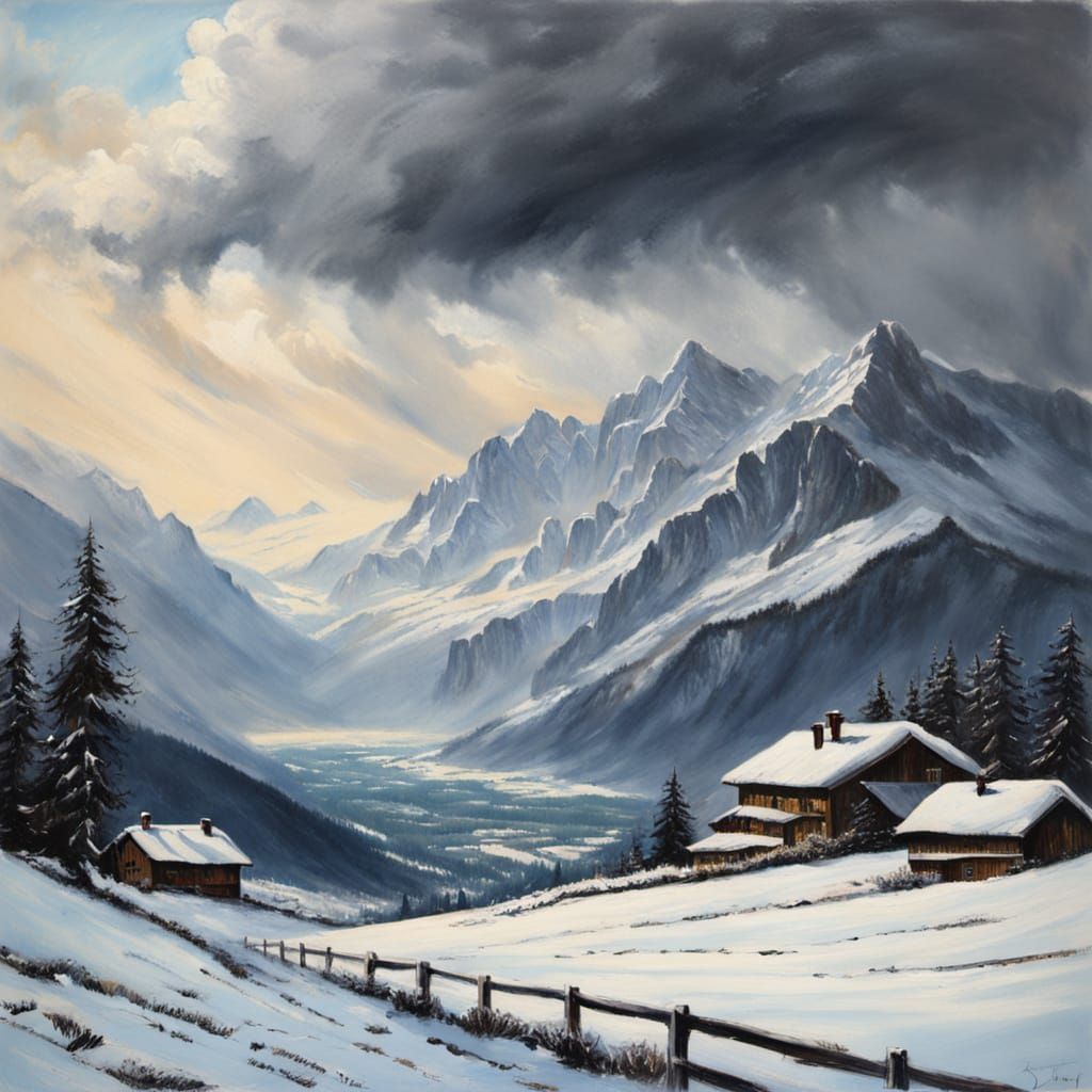 Snow Storm Over Swiss Alps Valley in Dry Pastels