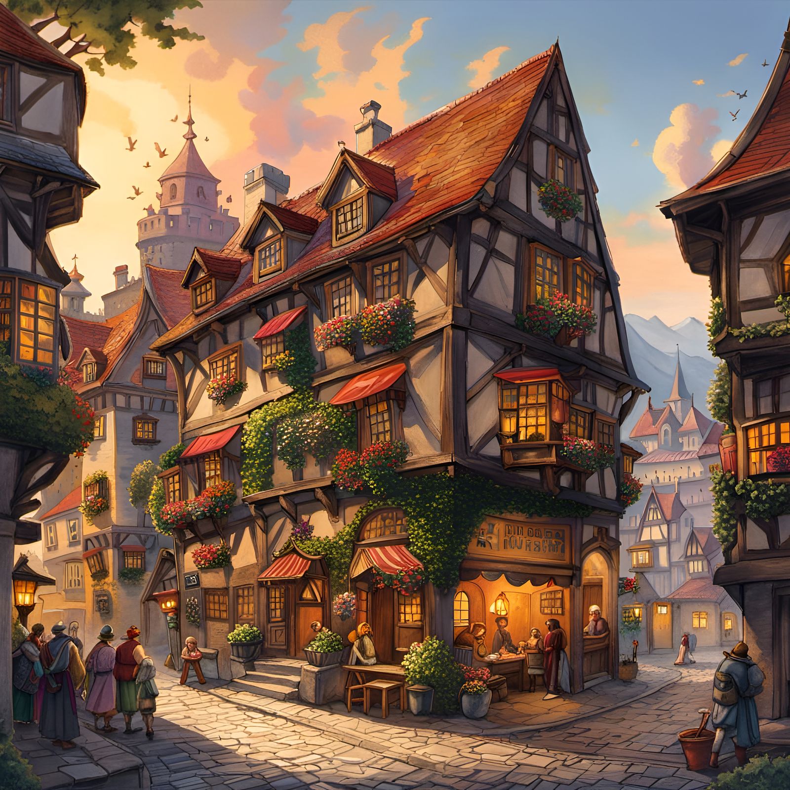 Lively Medieval Tavern in Watercolor Style