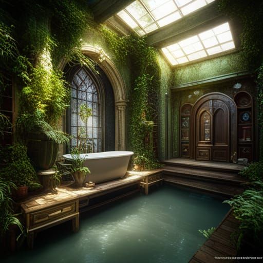 Overgrown Fantasy Dream Bathroom in Detailed Matte Painting
