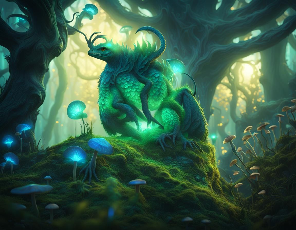 Mystical Forest Creature in Emerald and Sapphire