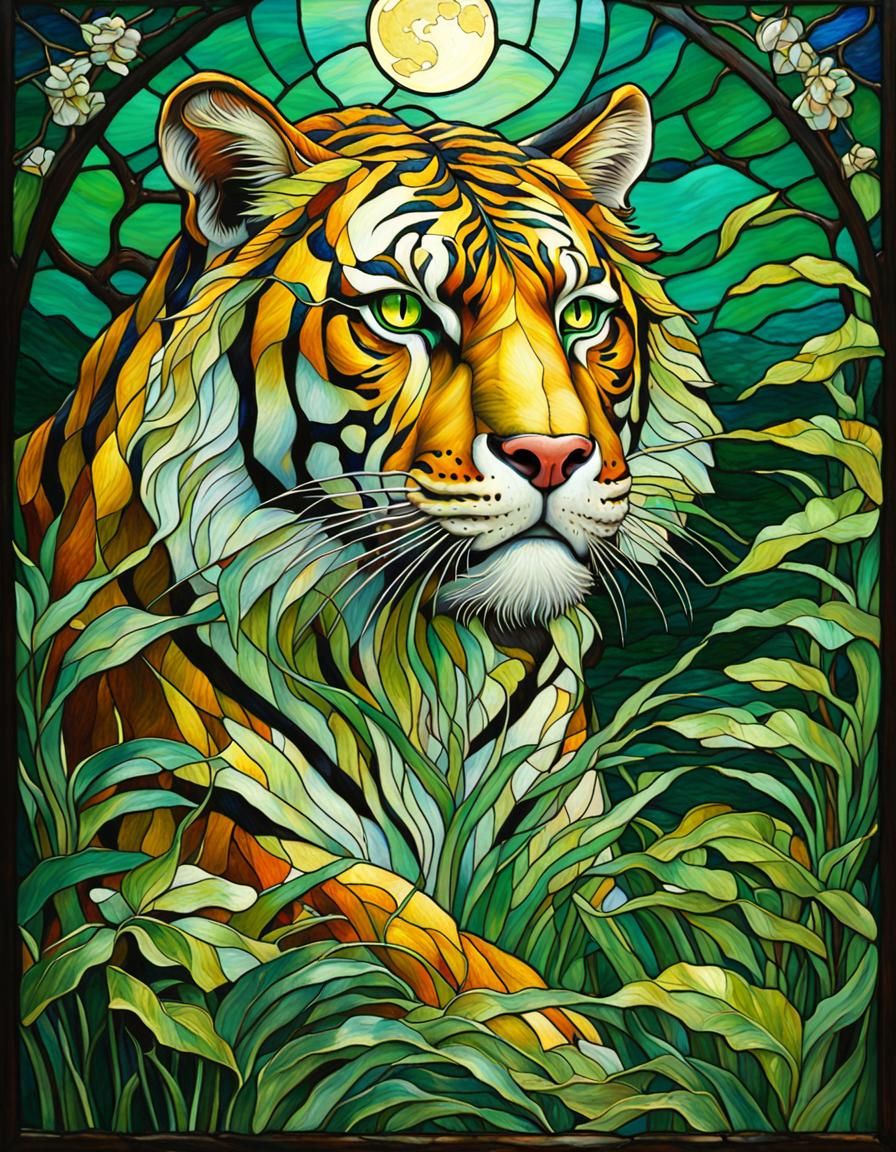Art Nouveau Tiger Portrait in Stained Glass