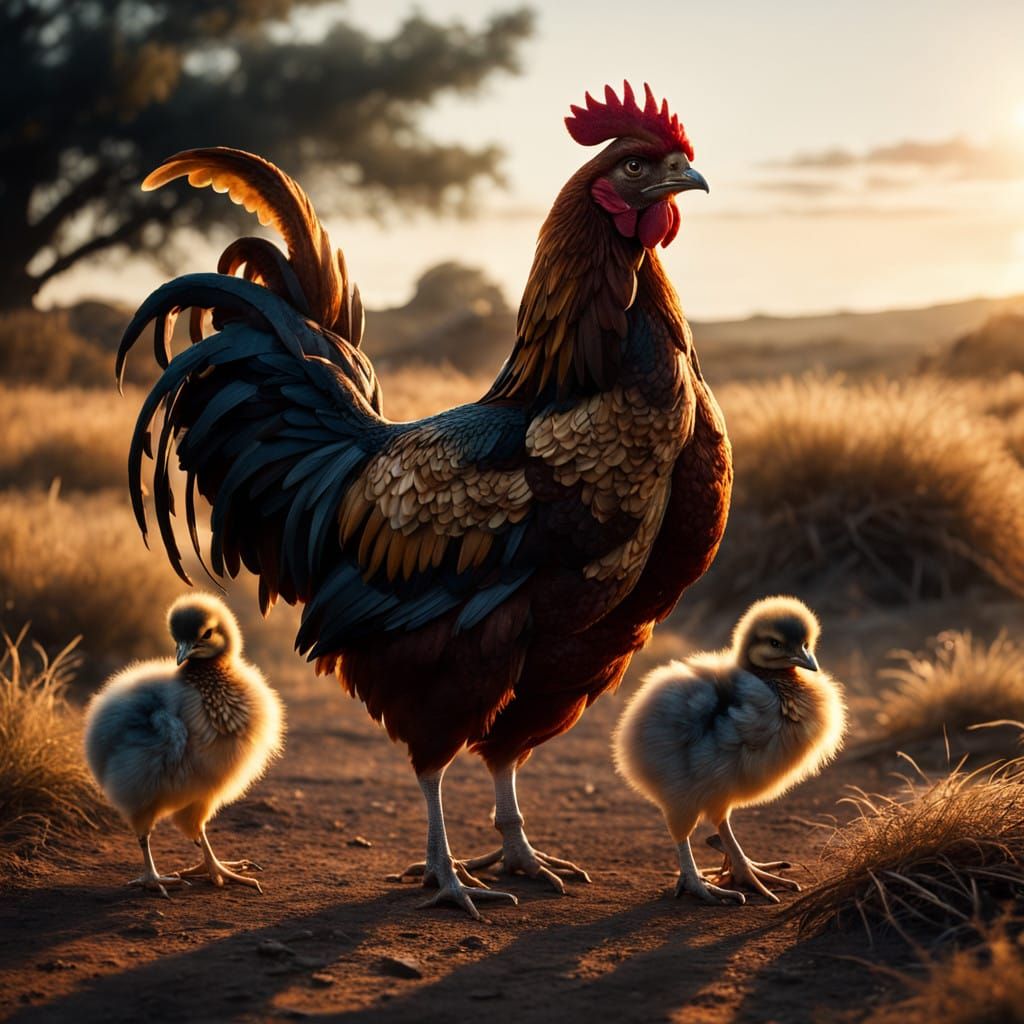 Regal Chicken Family in Cinematic Sunset