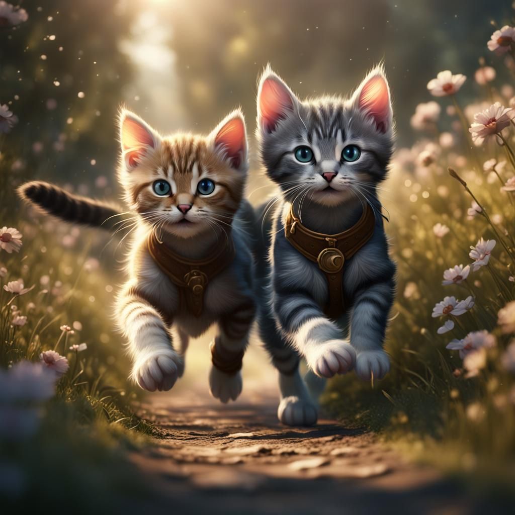 Kittens Running in Countryside: Fantasy Concept Art