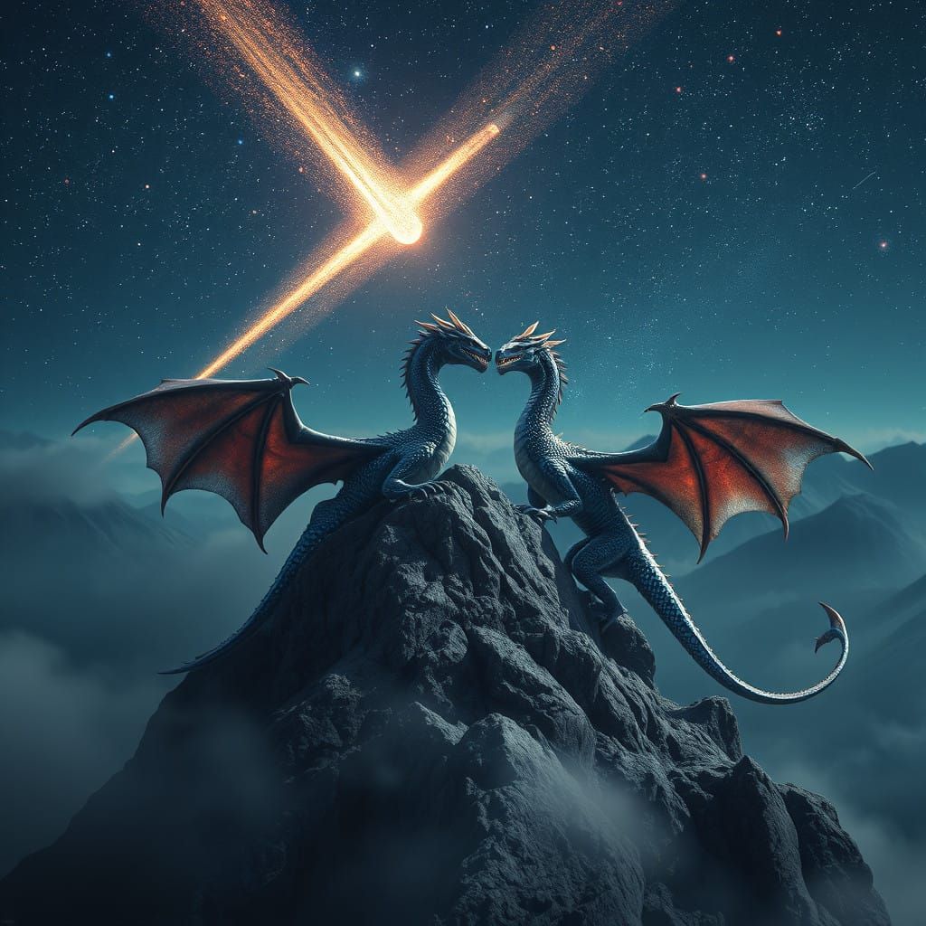 Majestic Dragons Behold Meteor Shower in Epic Matte Painting
