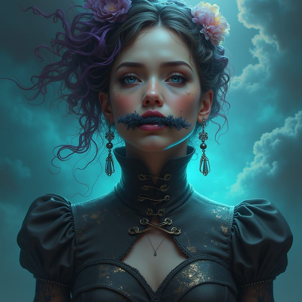 Ethereal Woman with Bound Lips in a Dreamlike Scene