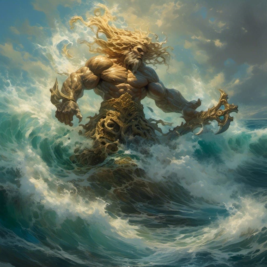 Poseidon Emerges from Ocean Depths in Dynamic Painting