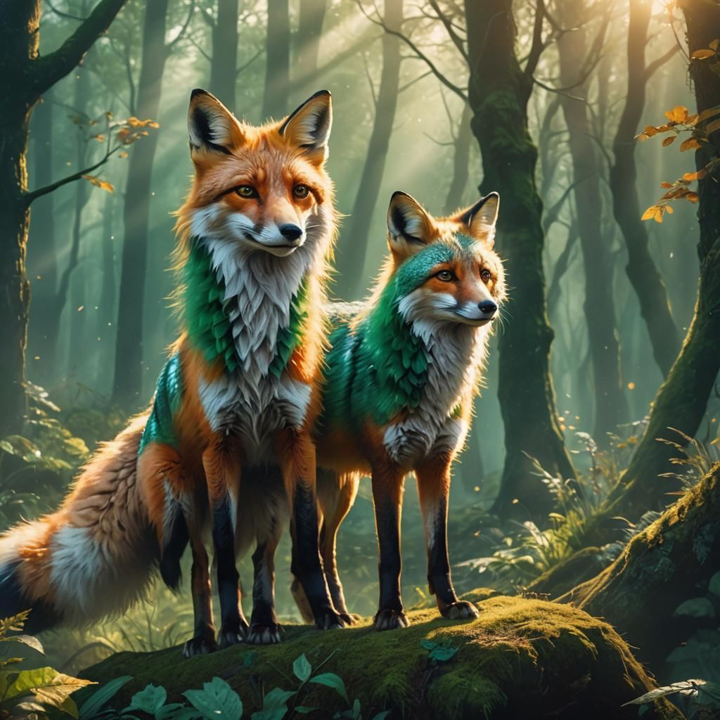Emerald Fox in Misty Forest: Digital Art