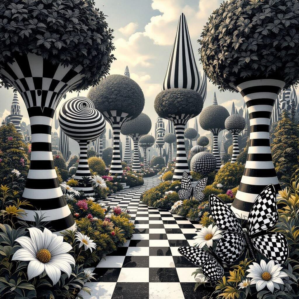 Surreal Optical Illusion Garden with Geometric Butterflies