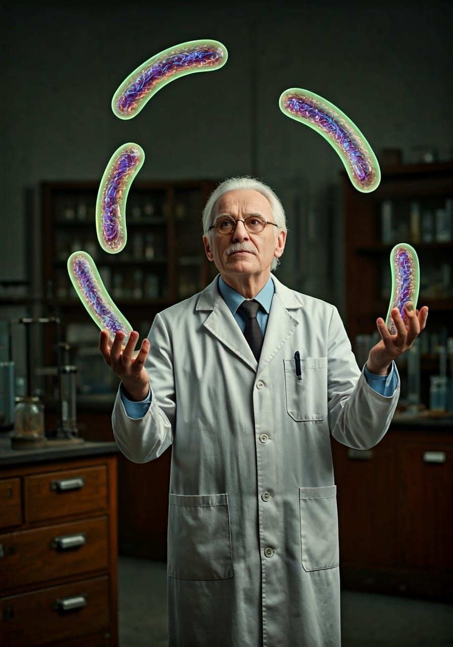 Scientist Juggling Bacteria in Nostalgic Laboratory