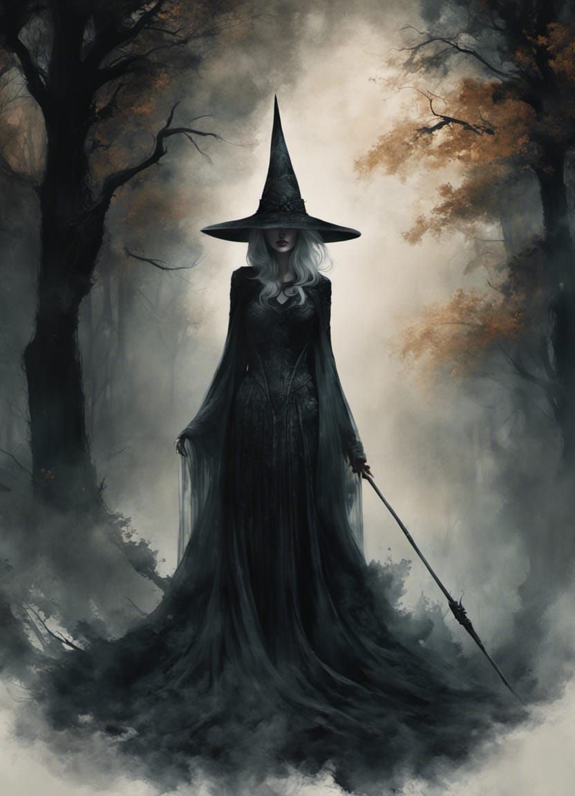 Eerie Witch in Dark Forest, Digital Art