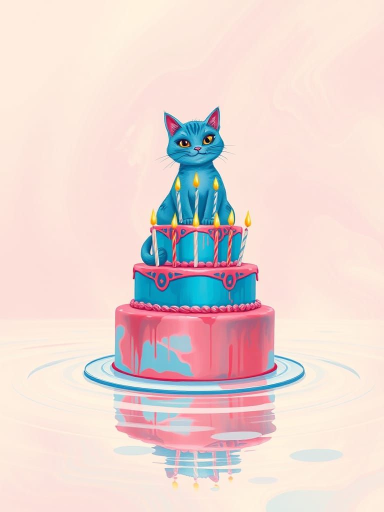 Turquoise Cat on Psychedelic Cake, Fluorescent Art