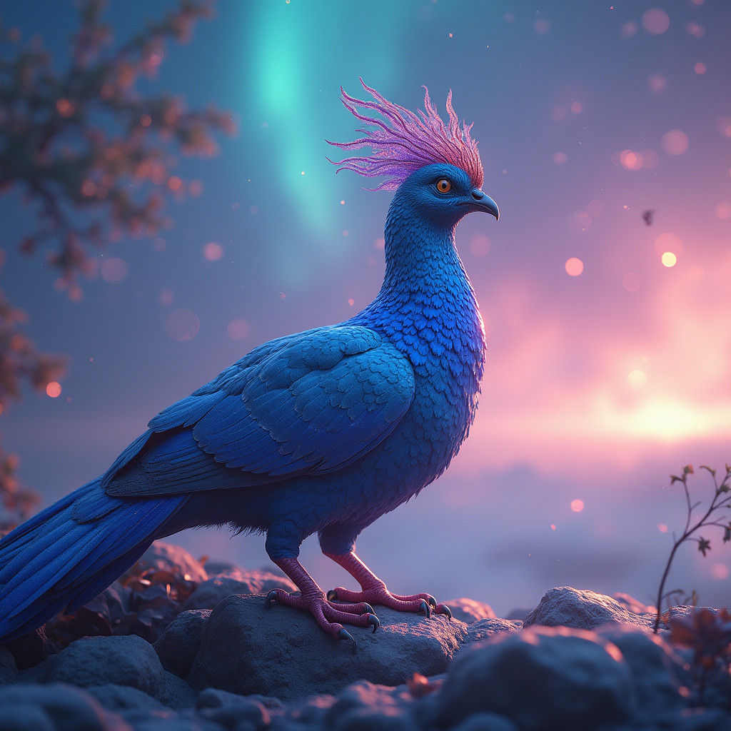 Iridescent Bird in Aurora Borealis, Digital Art