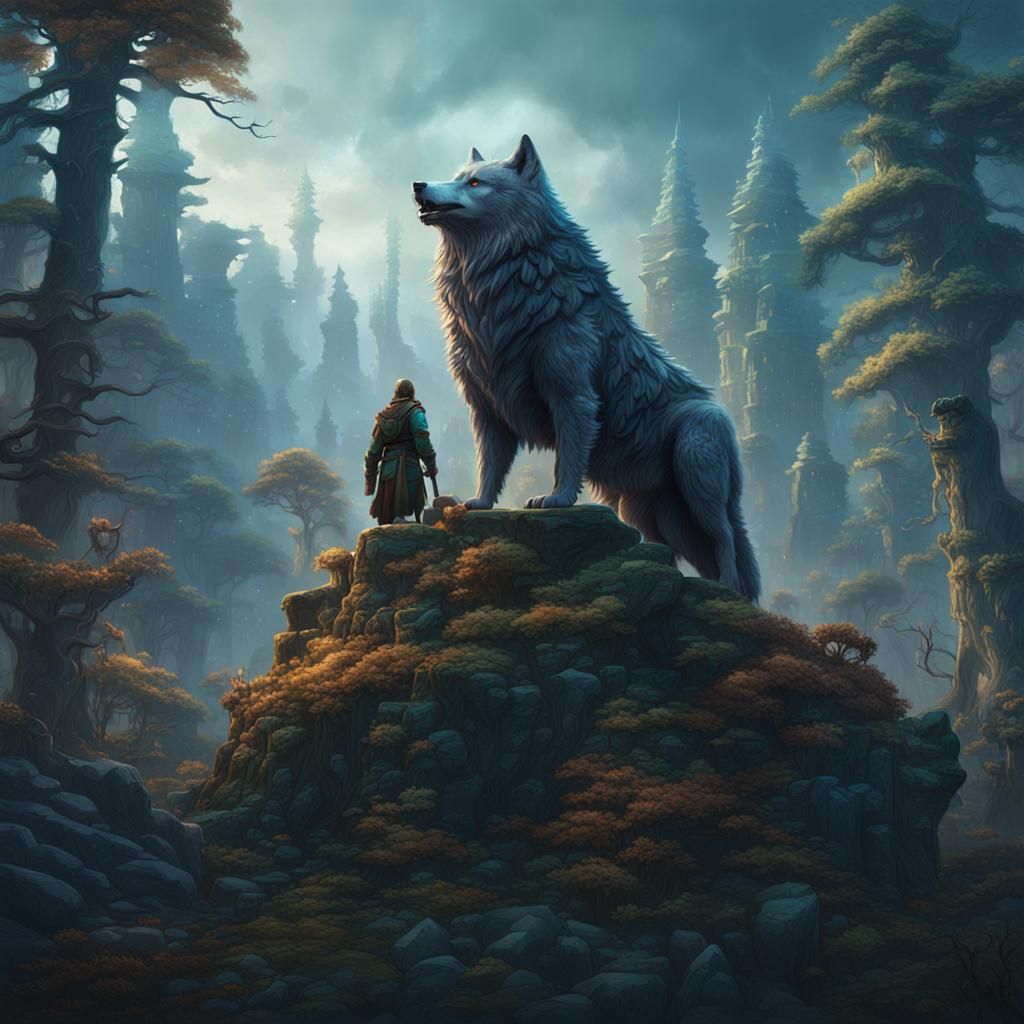 Forest Druid on Wolf: Detailed Matte Painting