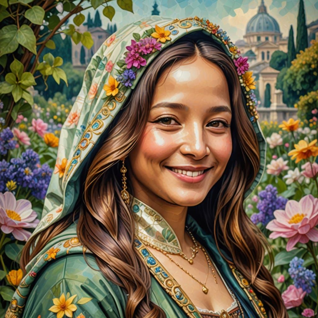 Close up portrait Monalisa at flowers garden in Rome 1800s