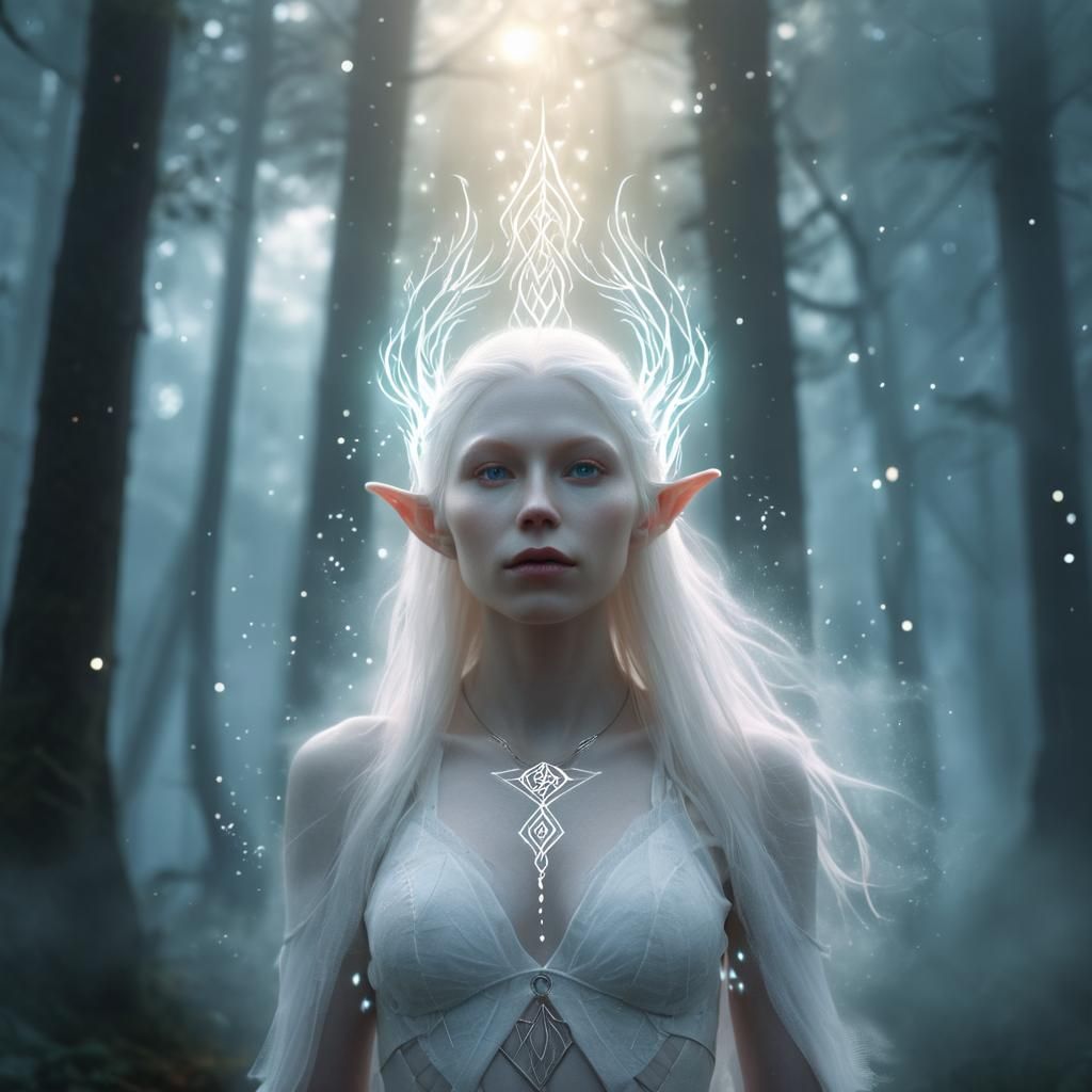 Ethereal Albino Elf in Mystical Forest: Fantasy Art