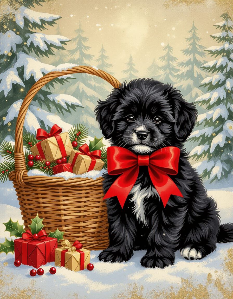 Fluffy Puppy in Festive Basket, Victorian Illustration