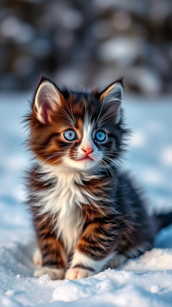 Adorable Fluffy Kitten with Blue Eyes in Snow