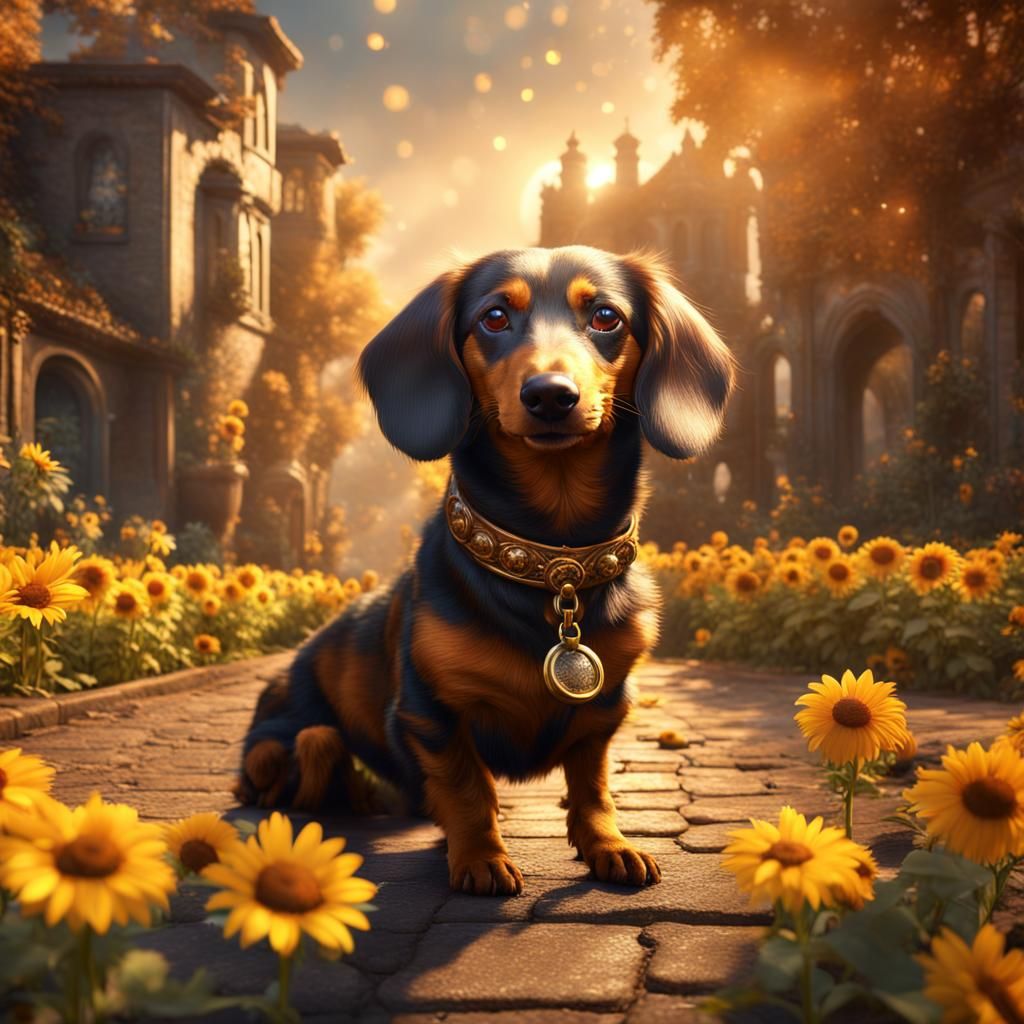 Dachshund with Sunflowers: Fantasy Concept Art