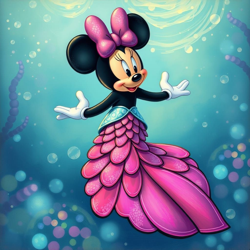 Minnie Mouse in a Mermaid Tail, Shimmering Green and Magenta